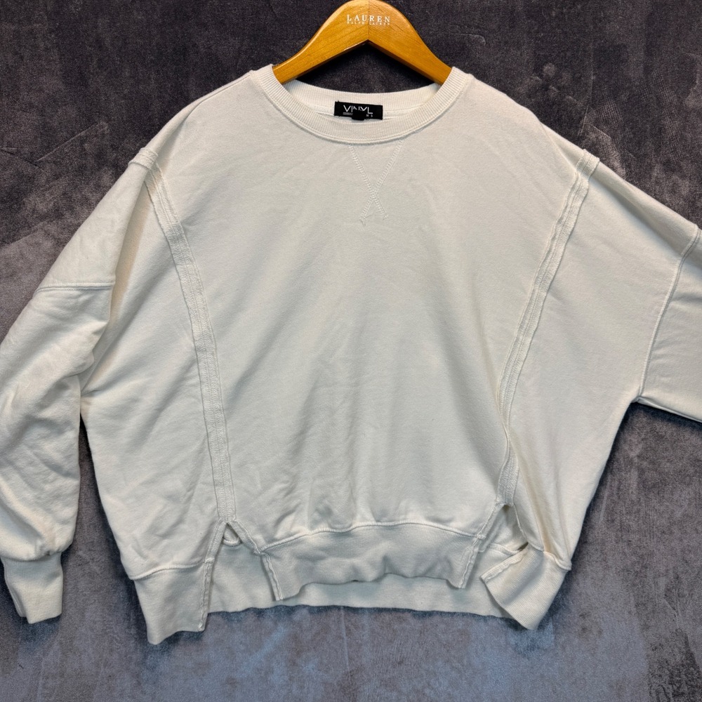 Vinyl Icons Sweatshirt Womens White Oversized S Raw Seam Exposed Stitch Casual